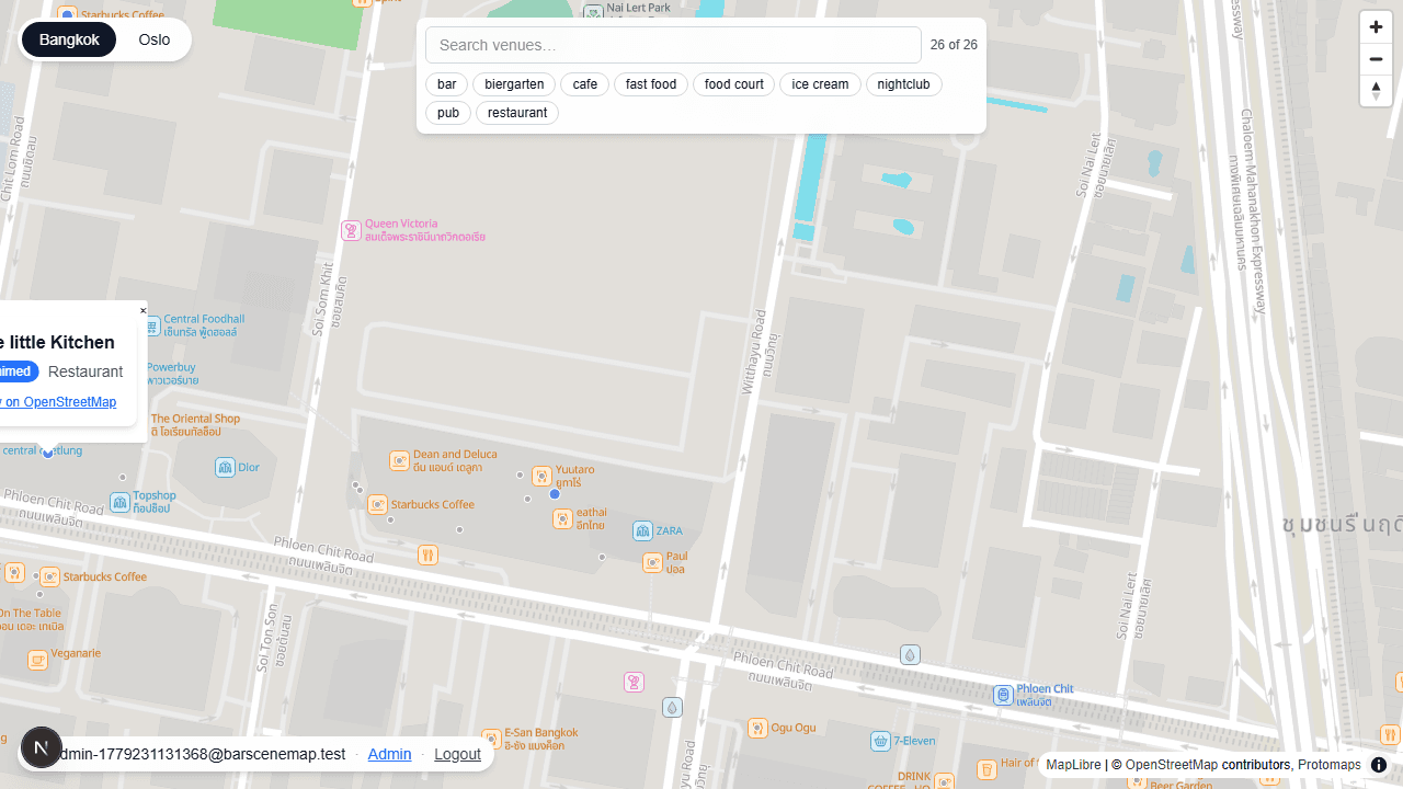 Map screenshot showing a claimed venue popup with the blue owner-claimed tier.